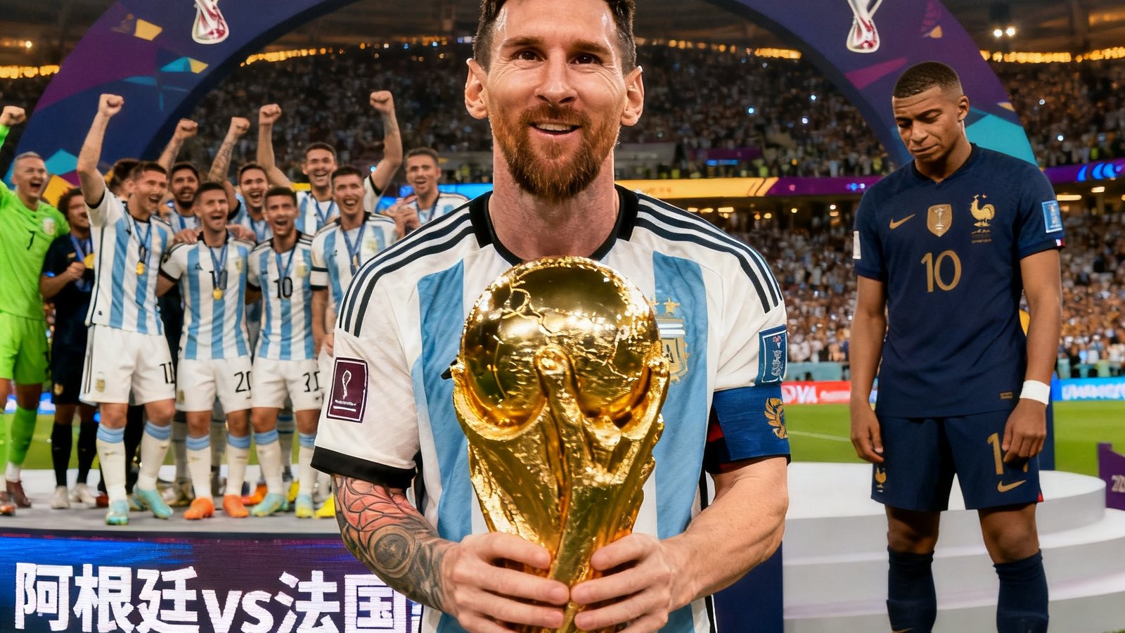 2022世界杯决赛阿根廷vs法国，梅西捧杯，姆巴佩帽子戏法